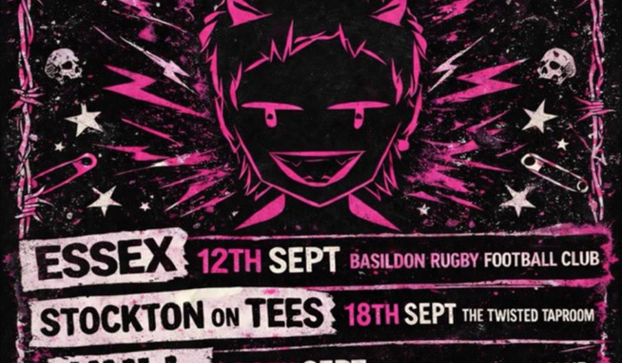 Poster for "The Laggy Band Cancer Research Tour 2026" with concert dates in Essex (12th Sept), Stockton on Tees (18th Sept), and Hull (20th Sept), dec