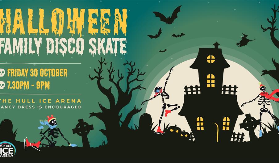 Skeletons wearing ice skates around a spooky house