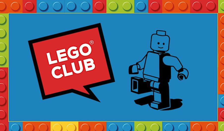 Red speech bubble with the words "LEGO CLUB" in white letters next to a black-outlined LEGO minifigure on a blue background, framed by a colorful LEGO