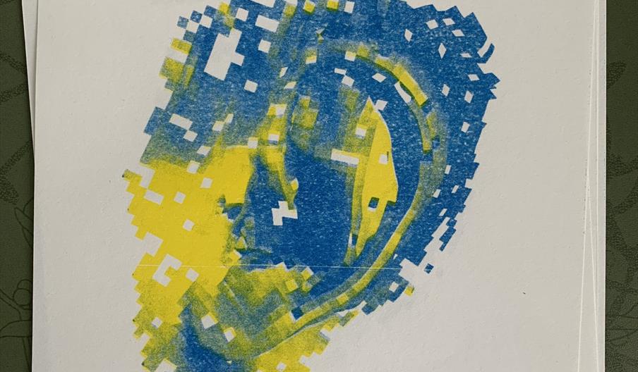 A flyer for an open mic night called "Lent Ears," featuring a pixelated blue and yellow illustration of an ear in the center. The event is for artisti