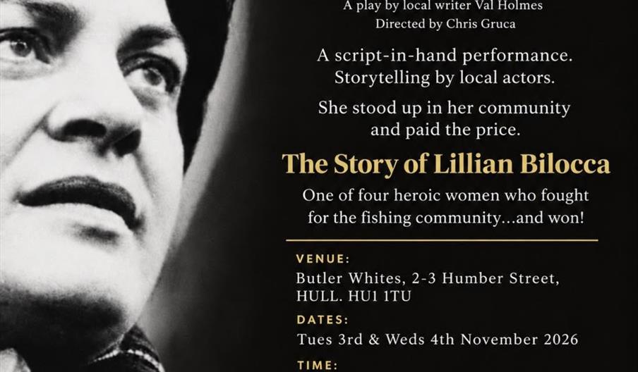 The image is a promotional poster for the play "LIL: The Story of Lillian Bilocca," showing a black and white photo of a woman's face on the left and