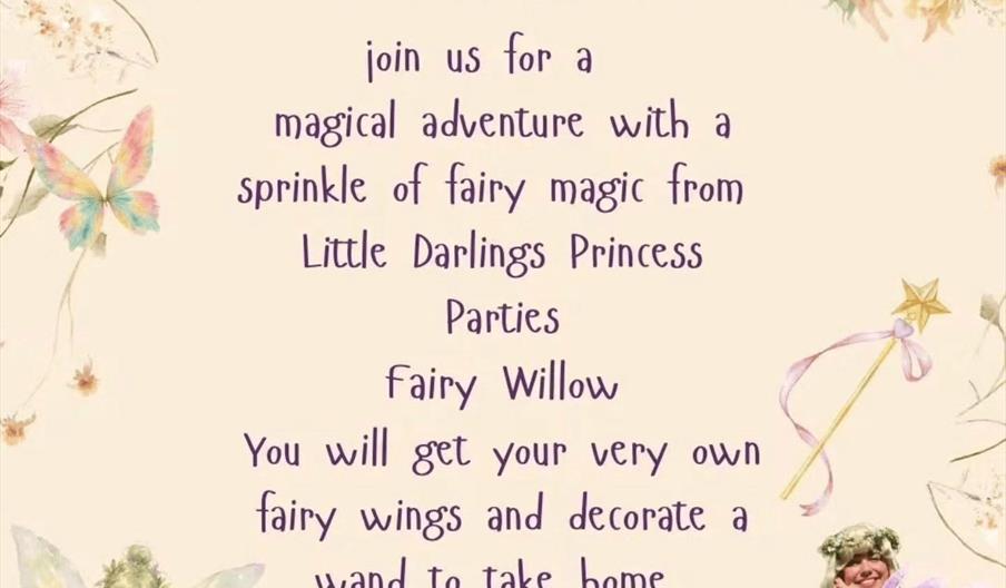 An image of fairies and flowers with the description of the event written over the top.