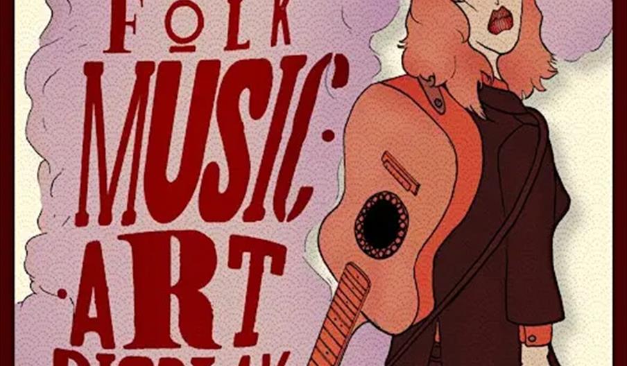 Poster advertising a "Folk Library Creations" event with live folk music and art display, featuring an illustrated person in dark clothing and hat hol