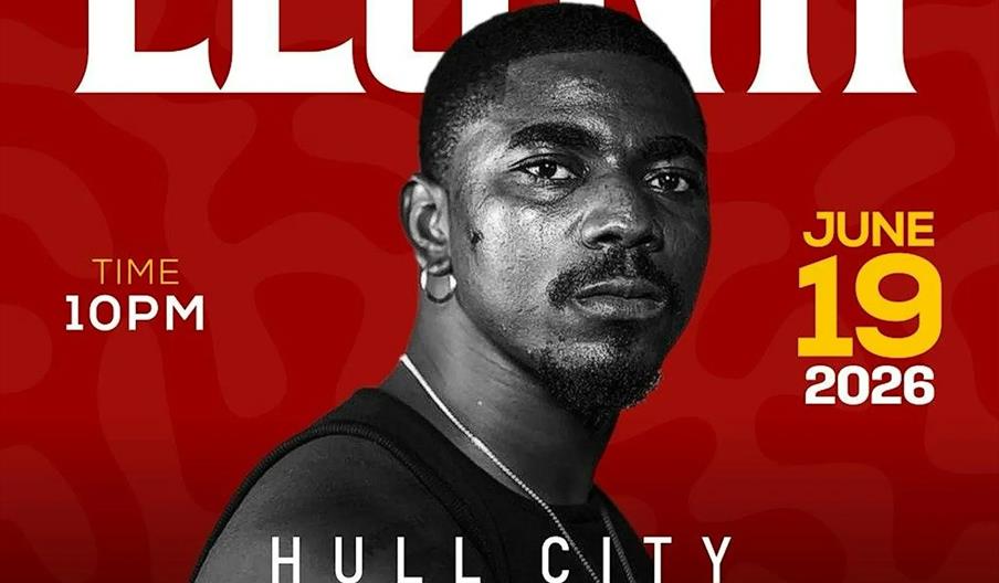 Promotional poster for an event featuring a black-and-white photo of a man with an intense expression, wearing a tank top and necklace, against a red