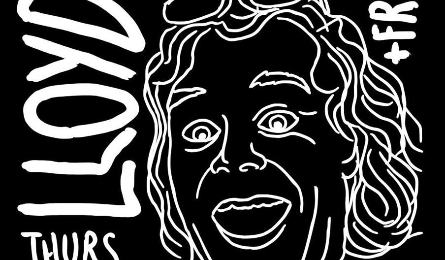 A black and white illustrated poster features a stylized drawing of a person's face with glasses on their head, surrounded by hand-drawn text advertis
