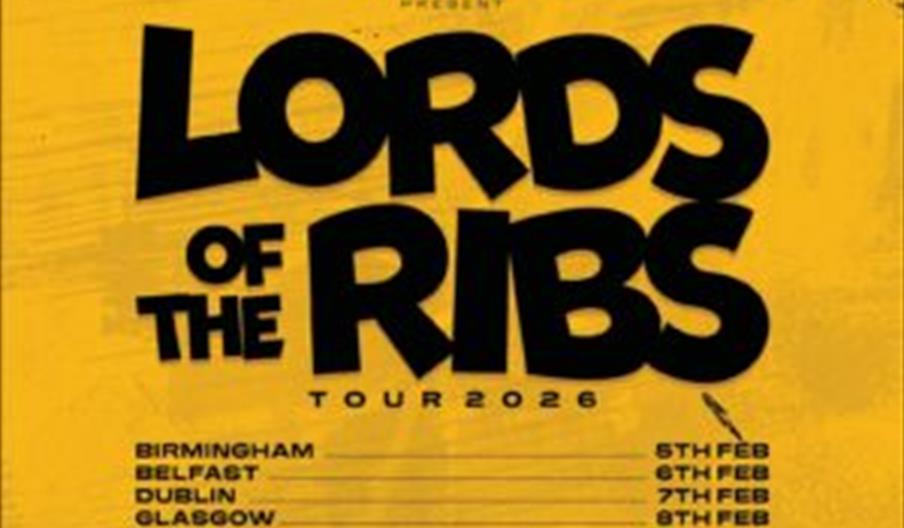 Yellow and black promotional poster reading "Basketmouth Presents Lords of the Ribs Tour 2026." The background is bright yellow with bold black text.