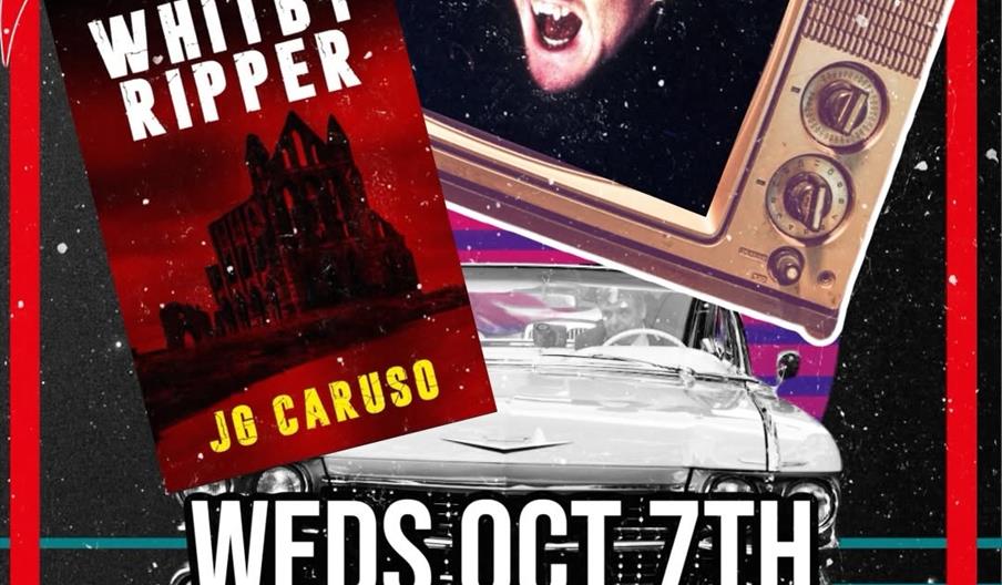 Promotional poster for a movie night and book launch event featuring the book "The Whitby Ripper" by JG Caruso, with a vintage TV showing a vampire ch