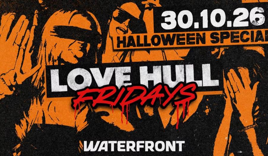 Event poster with an orange and black Halloween theme featuring stylized images of people in sunglasses, some with eyes blacked out. The text announce