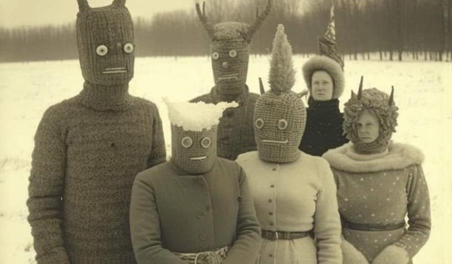 Six people stand in a snowy field wearing old-fashioned winter clothing and unusual homemade masks or headpieces, some with horns, yarn patterns, or o