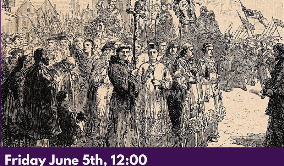 Promotional image for a Hull Minster lunchtime talk featuring a historical illustration of a large religious procession. Text announces the event: "Fr