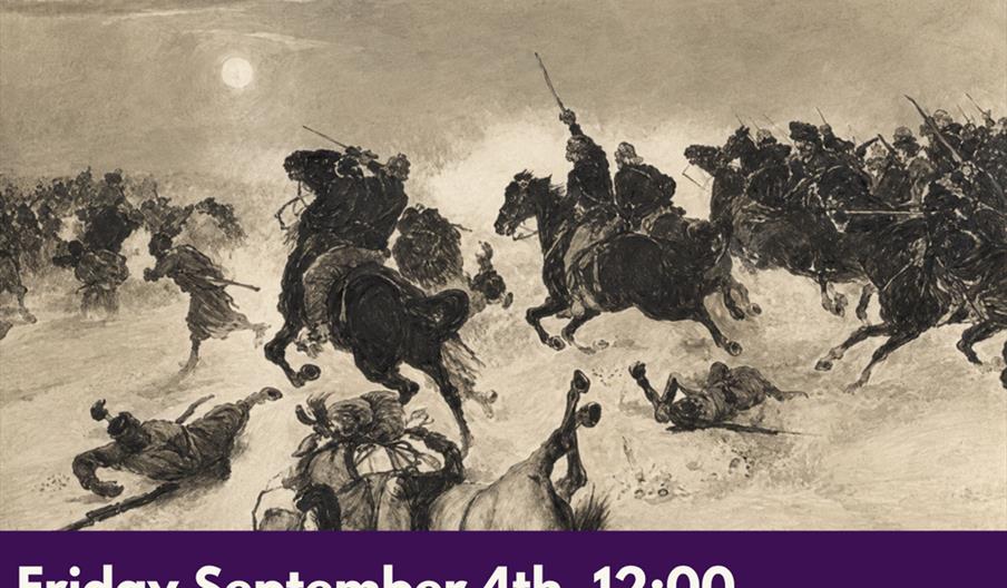 Promotional poster for "Lunchtime Talks at Hull Minster" featuring a dramatic black-and-white illustration of a cavalry battle scene, with details abo
