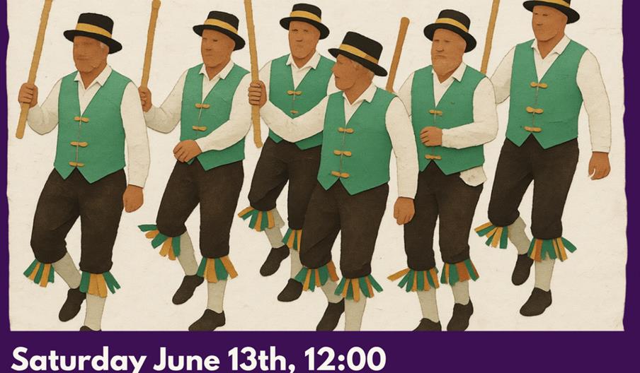 Promotional poster for "Lunchtime Talks at Hull Minster" featuring an illustration of six men in folk dance attire with hats, green vests, and sticks,