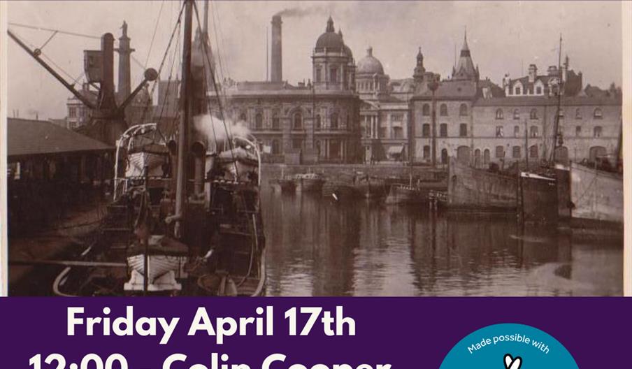 Promotional poster for a lunchtime talk at Hull Minster featuring an old sepia photograph of ships docked by historic buildings, with bold event detai