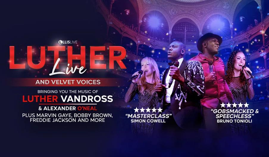 Promotional poster for "Luther Live and Velvet Voices," featuring four singers with microphones in an ornate theater, with text highlighting music fro