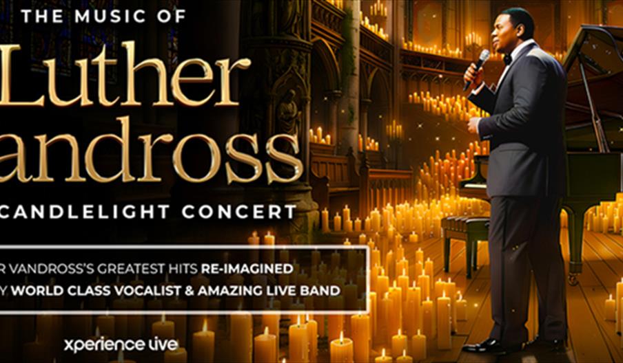 A man in a suit sings into a microphone beside a grand piano in a candlelit church, promoting "The Music of Luther Vandross: The Candlelight Concert,"