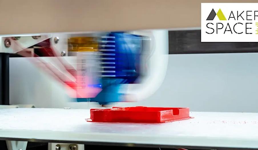 A close-up of a 3D printer in motion, printing a red object on its build plate, with a blurred print head indicating movement; the MAKER SPACE logo ap