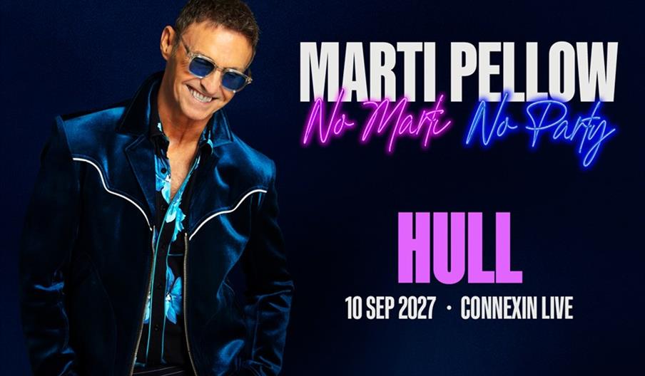 A promotional poster featuring a smiling man in sunglasses and a blue jacket alongside large text reading "Marti Pellow - No Marti No Party," with eve