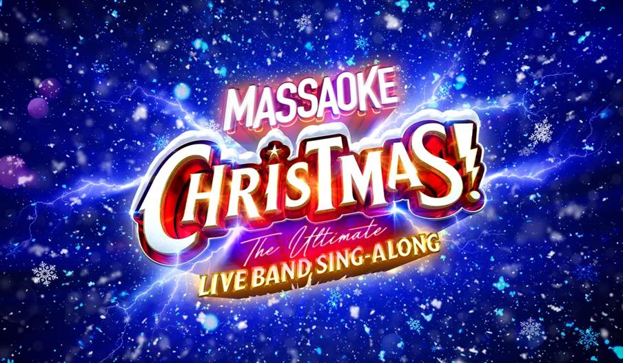 Festive graphic with the words "Massaoke Christmas! The Ultimate Live Band Sing-Along" in bold, colorful letters on a blue, snowy, and star-filled bac