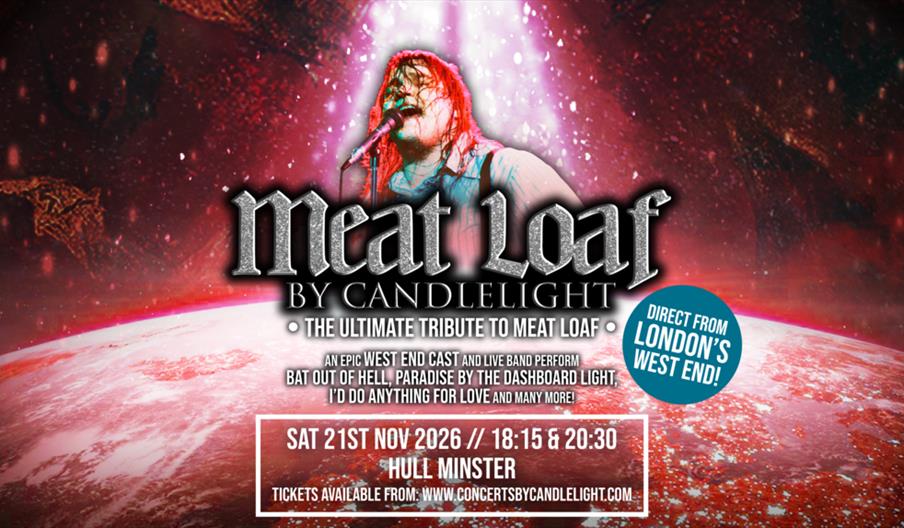 Concert poster for "Meat Loaf by Candlelight: The Ultimate Tribute to Meat Loaf" featuring a performer singing on stage with red lighting. The event i