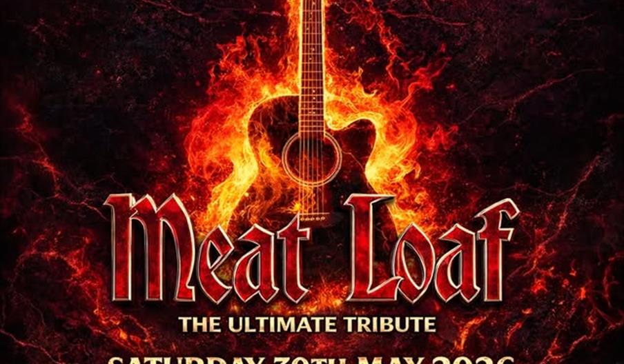 Concert poster for "Bat Out Of Hull," a Meat Loaf tribute show celebrating Meat Loaf and Jim Steinman, featuring a flaming guitar at the center, with