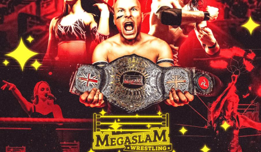 Promotional poster for the 2026 Megaslam Wrestling event, featuring images of wrestlers in action and a champion holding a large championship belt. Bo