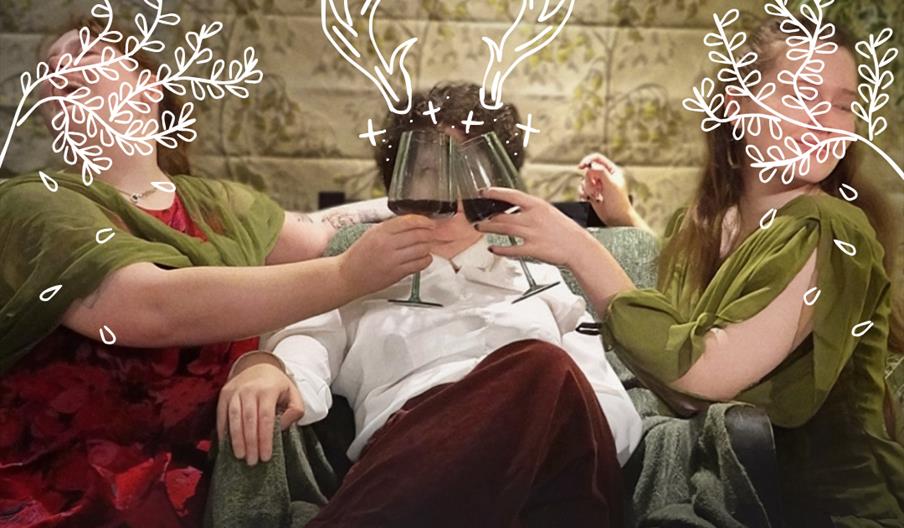 Promotional poster for a 2026 summer production of Shakespeare's "Merry Wives of Windsor" in West Yorkshire, showing three people in costume raising w