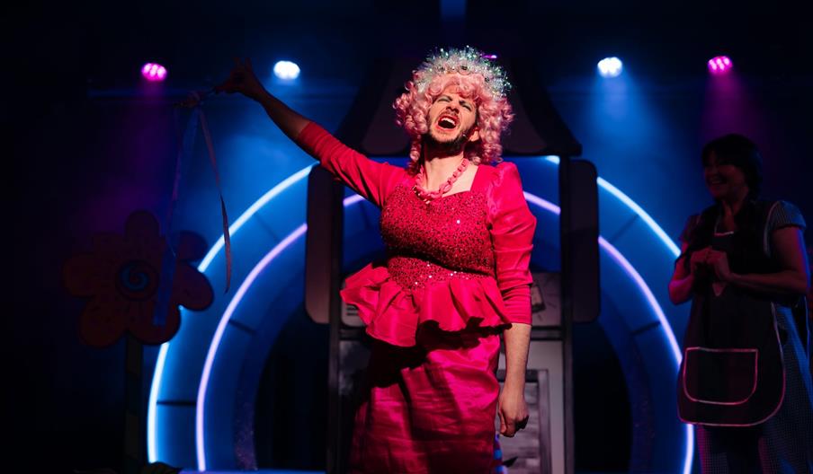 A Panto dame poses in a bright pink dress with pink curly hair.
