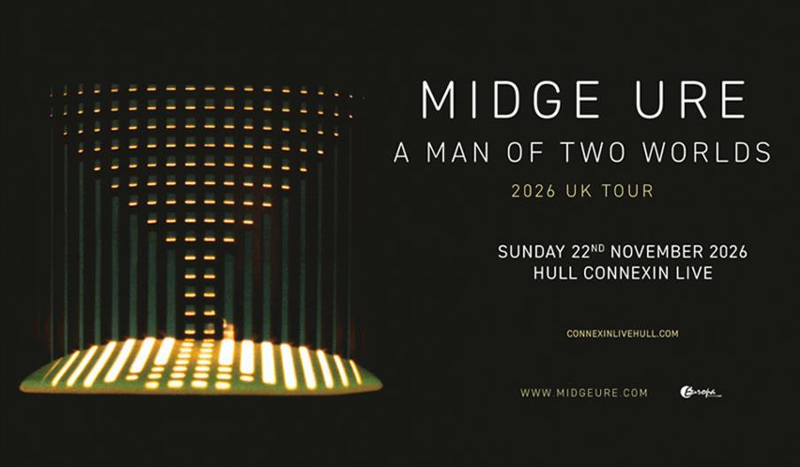 Promotional poster for Midge Ure's "A Man of Two Worlds" 2026 UK tour, featuring a stylized, geometric light pattern on the left and tour details on t