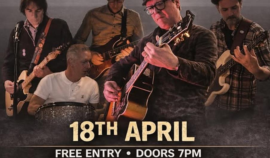 Promotional poster for a live music event featuring the band "Midnight Special," with five musicians playing instruments. The event is on 18th April a