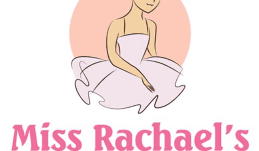 Illustration of a smiling ballerina in a white tutu with a pink circular background above the text "Miss Rachael's School of Dance" in large pink lett