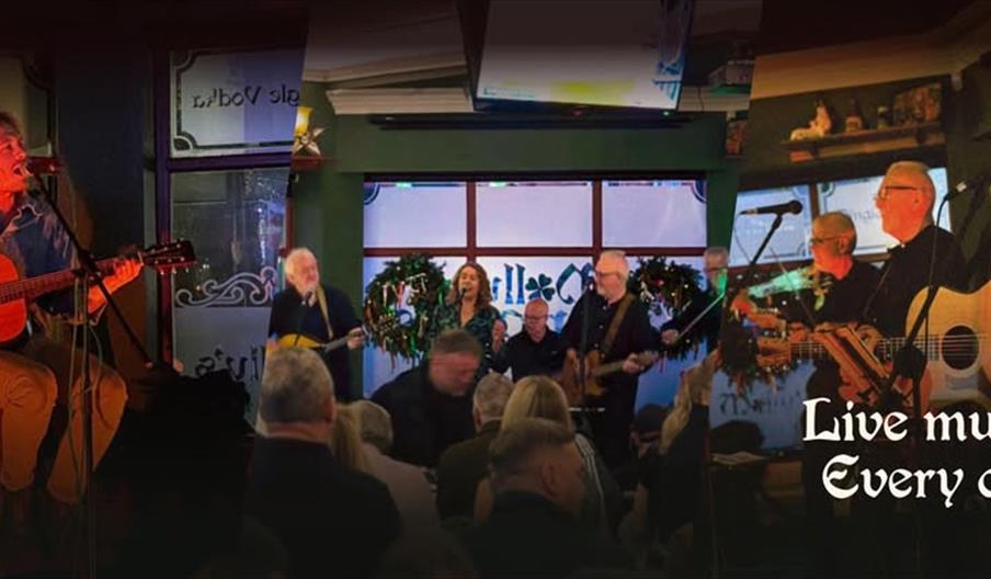 A collage image showing musicians performing live on stage in a cozy indoor venue. The left panel features a man playing an acoustic guitar and singin