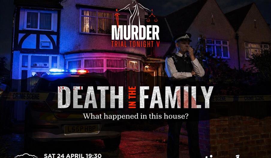 A dark, dramatic scene shows a police officer standing in front of a house at night, which is lit by blue and red emergency lights and cordoned off wi