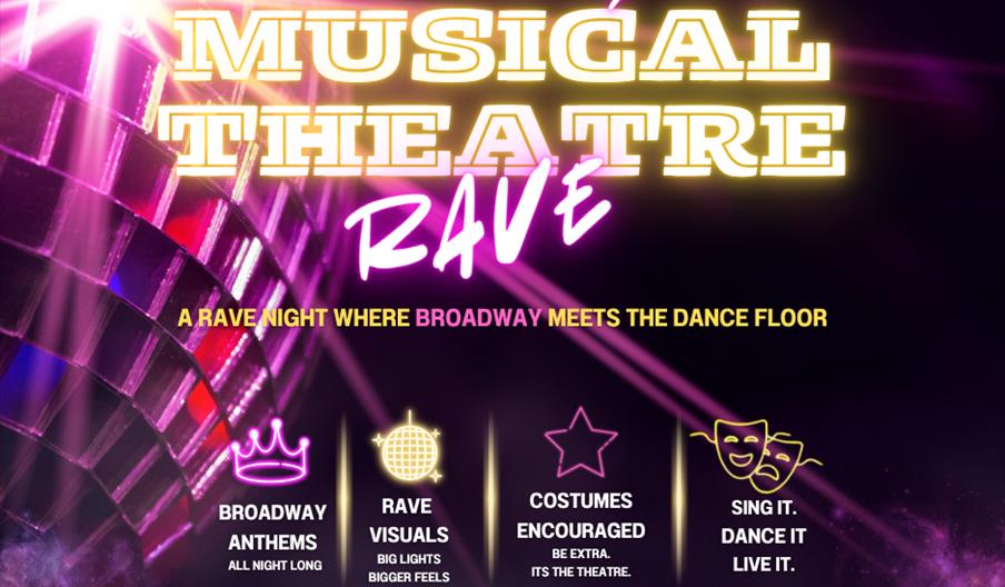 A vibrant neon-themed event poster for "Musical Theatre Rave." The background features a glowing purple and pink nightclub atmosphere with stage light