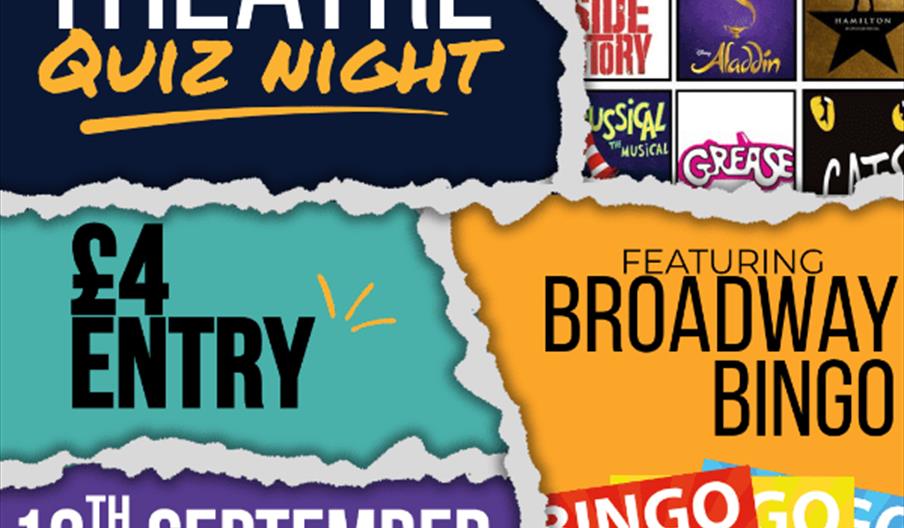 Poster for a "Musical Theatre Quiz Night" at Park Street Performing Arts Centre, with £4 entry, featuring Broadway Bingo. The event is on 12th Septemb