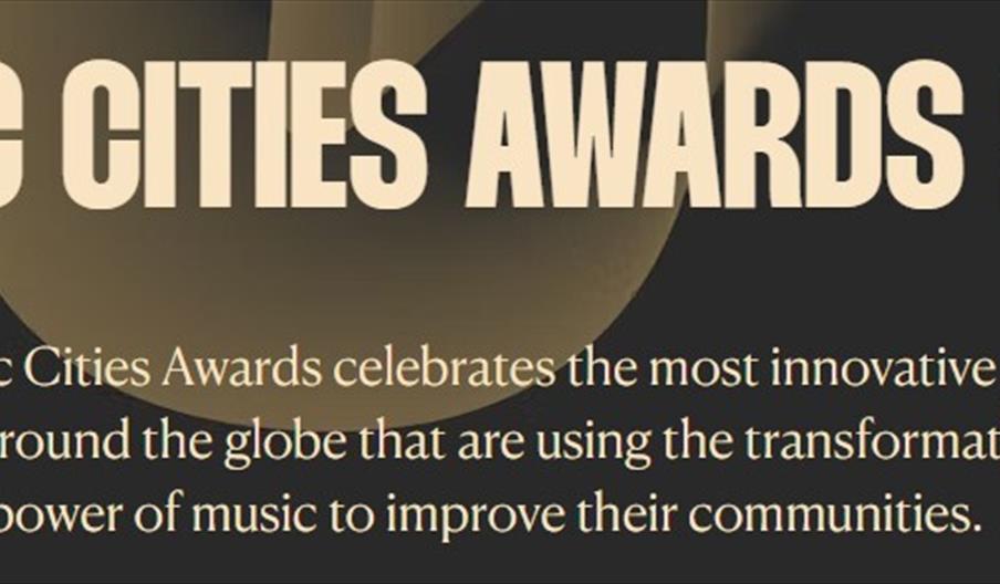 Large bold text reads "Music Cities Awards 2026" above a description stating that the awards celebrate innovative global projects using music to trans