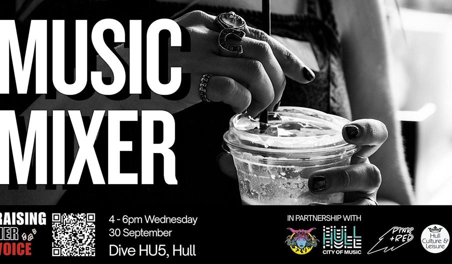 Black and white promotional image for a "Music Mixer" event, featuring a close-up of a hand holding a plastic drink cup with large text overlay. Event