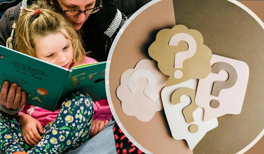 A composite image showing on the left an adult and a young girl reading a book together, and on the right several paper cut-outs of question marks in