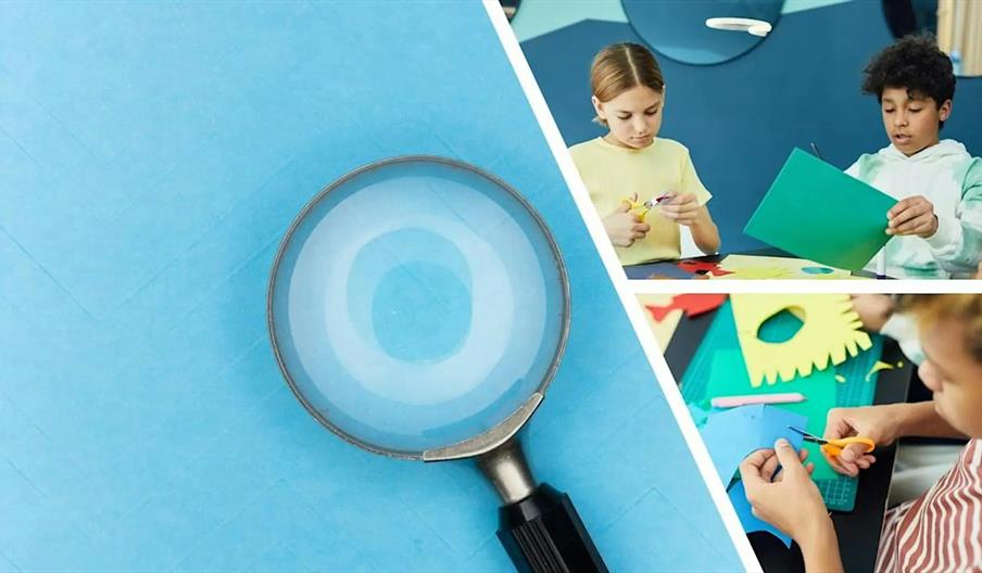 A composite image showing on the left an adult and a young girl reading a book together, and on the right several paper cut-outs of question marks in