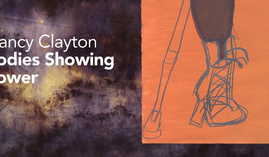 A promotional graphic features the text "Nancy Clayton Bodies Showing Power" on a textured, dark purple and yellow background. On the right side, ther