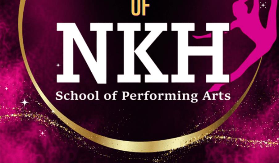 A promotional poster with a bright pink and gold design announces "15 Years of NKH School of Performing Arts," featuring a silhouette of a dancer and
