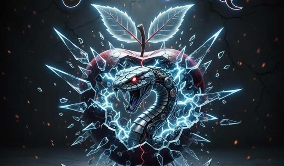 A metallic, robotic snake with glowing red eyes bursts through a shattered, electrified apple, sending shards flying outward, while stylized text read