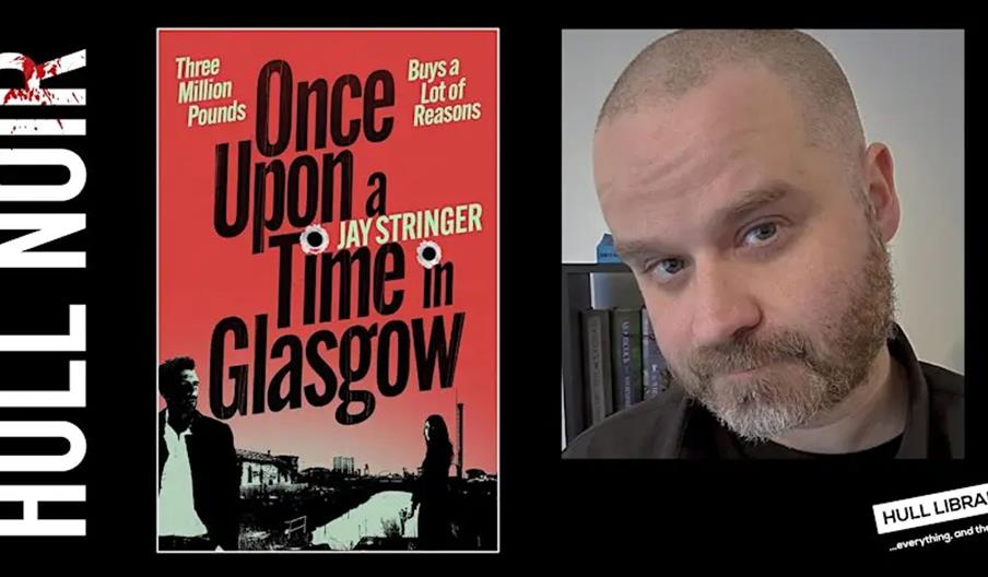 A promotional graphic with three main sections: on the left, the text "HULL NOIR" in bold white letters on a black background; in the center, the book