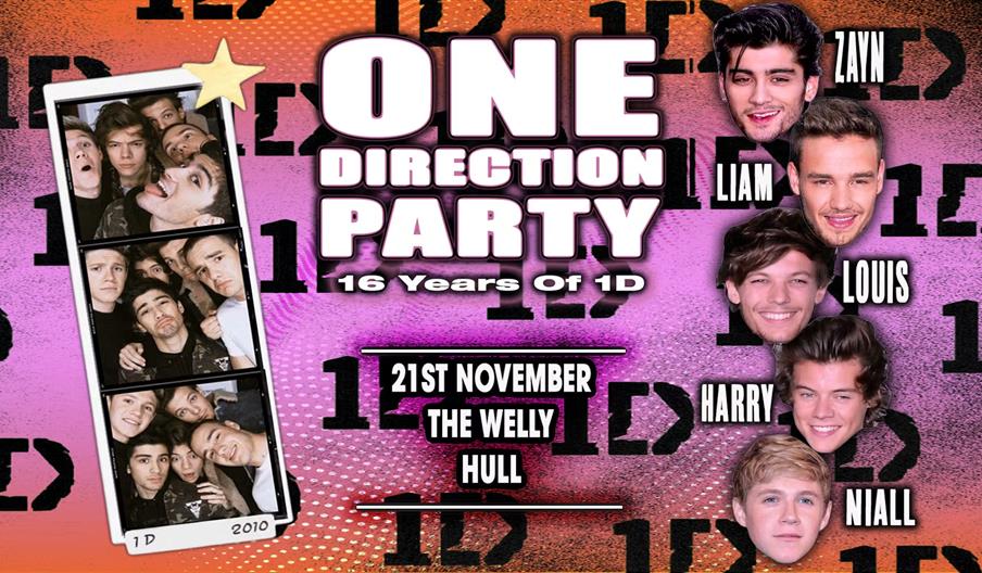 Colourful event poster for a "One Direction Party: 16 Years of 1D" with photo booth images of the band on the left, individual cutout photos of Zayn,