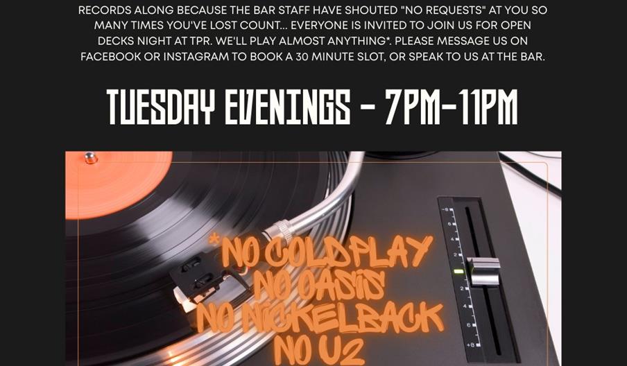 Promotional poster for an "Open Decks" DJ night at The People's Republic, 112 Newland Avenue, Hull, running Tuesdays from 7pm to 11pm. The image featu