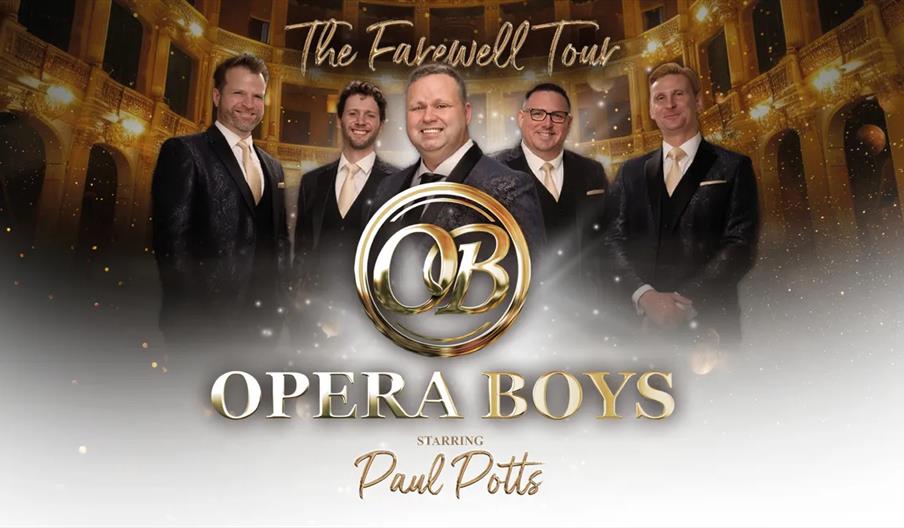 A promotional image shows five men in formal suits standing in front of an ornate theater backdrop, with gold writing above that reads "The Farewell T