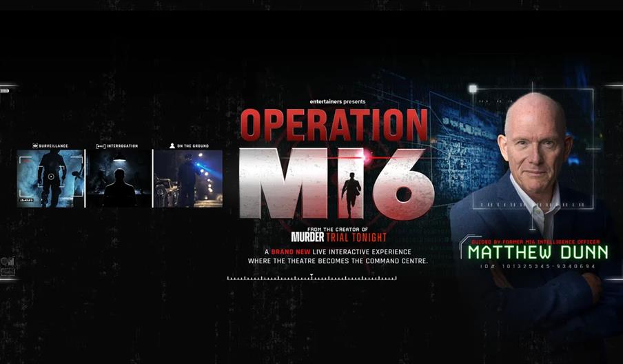 Promotional image for "Operation MI6" featuring a bold title in the center, with surveillance and interrogation scenes on the left, and a serious man