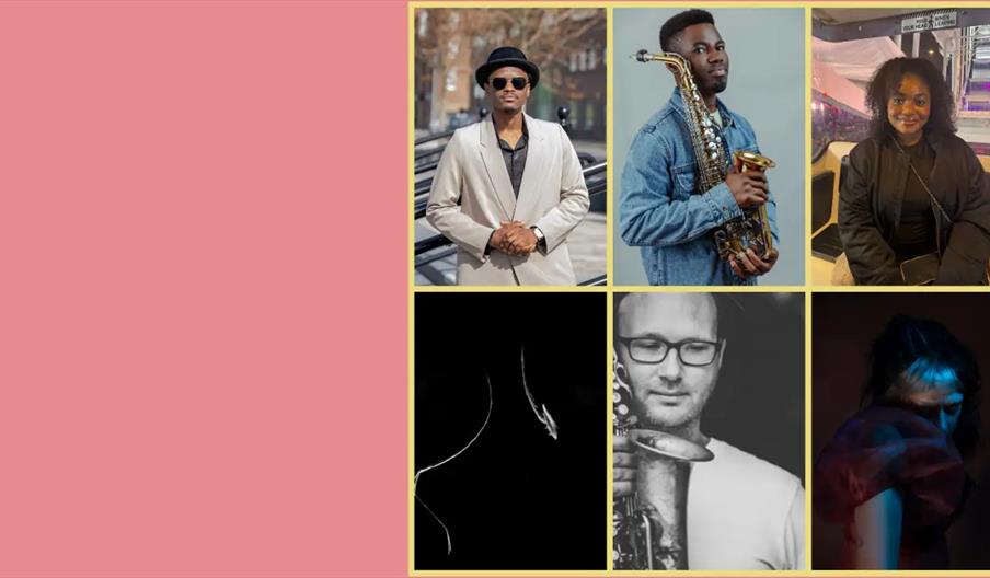 A collage of six portraits is arranged on the right side of the image, each featuring a different person, including individuals holding musical instru