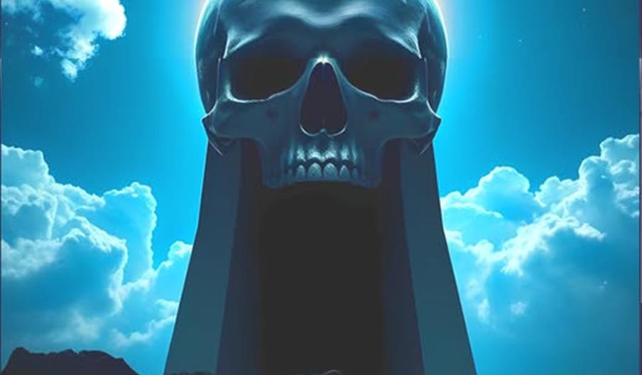 A concert poster for "Jean Michel Jarre's Oxygene" featuring a dramatic image of a blue skull atop a dark pedestal against a sky with clouds and sunli