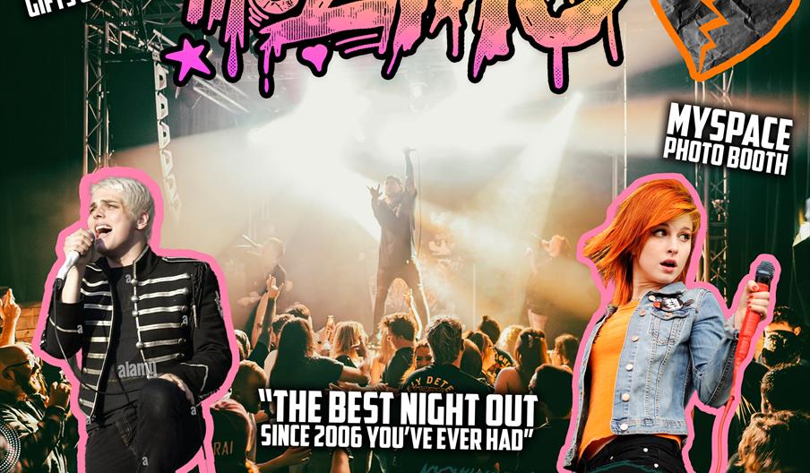 The lead singers for My Chemical Romance and Paramore stand against a backdrop of a busy crowd cheering on an act onstage. Above them reads 'Panic at