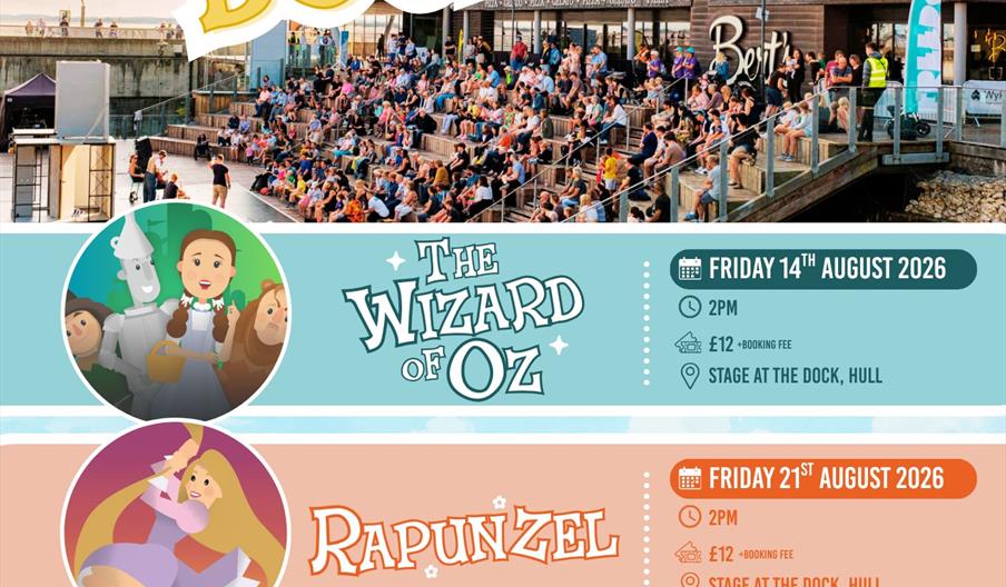 Poster for "Panto @ The Dock" by TaleGate Theatre Productions, advertising live outdoor theatre at Stage@TheDock, Hull, with colorful illustrations fo